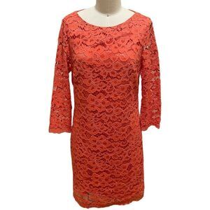 Trina Turk coral bright lace shift dress Size 8 party long sleeves mod date work